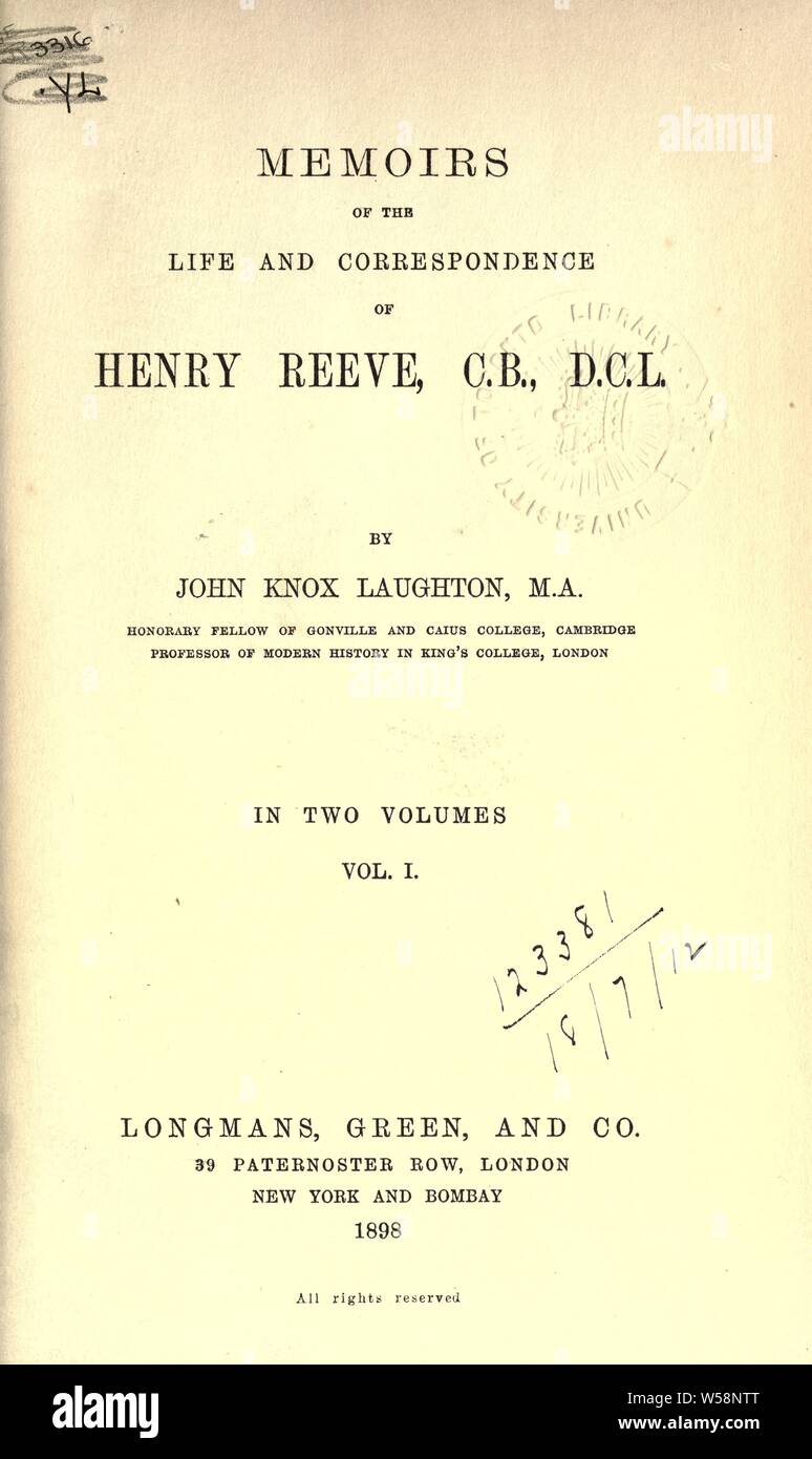 Mémoires de la vie et de la correspondance d'Henry Reeve, par John Knox Laughton : Reeve, Henry, 1813-1895 Banque D'Images