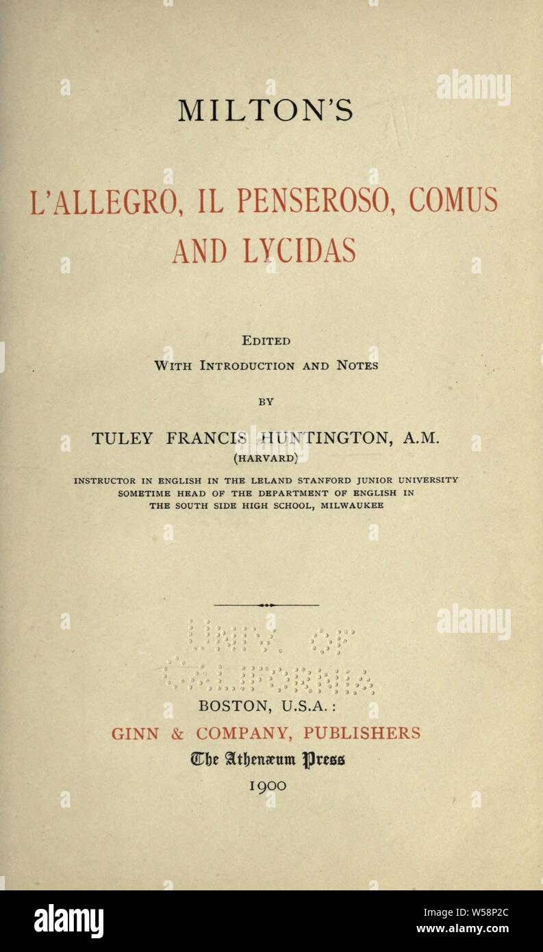 Milton's L'Allegro, Il penseroso, Comus, et Lycidas : Milton, John, 1608-1674 Banque D'Images