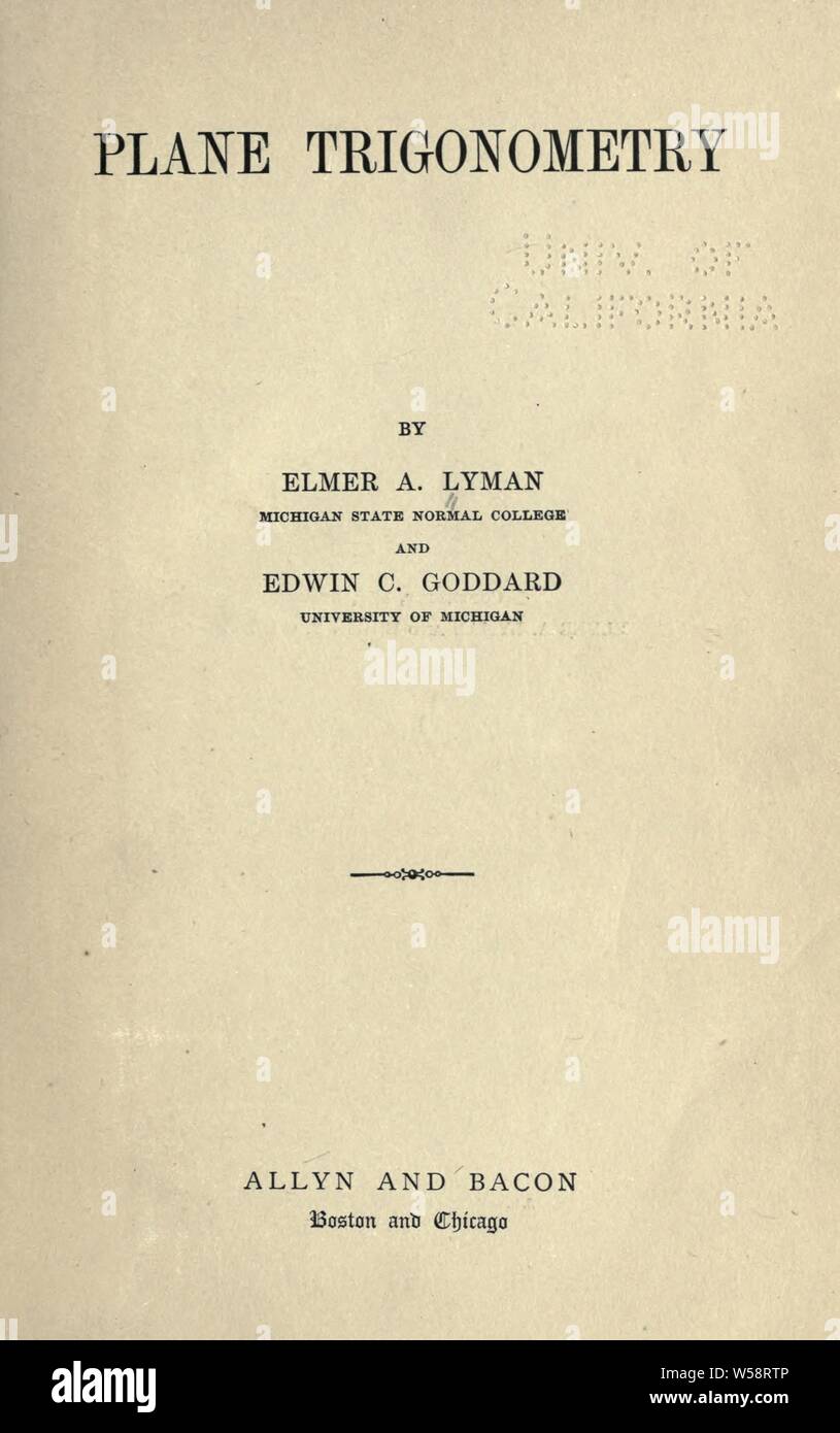 La trigonométrie plane : Lyman, Elmer A. (1861), Elmer Adelbert Banque D'Images