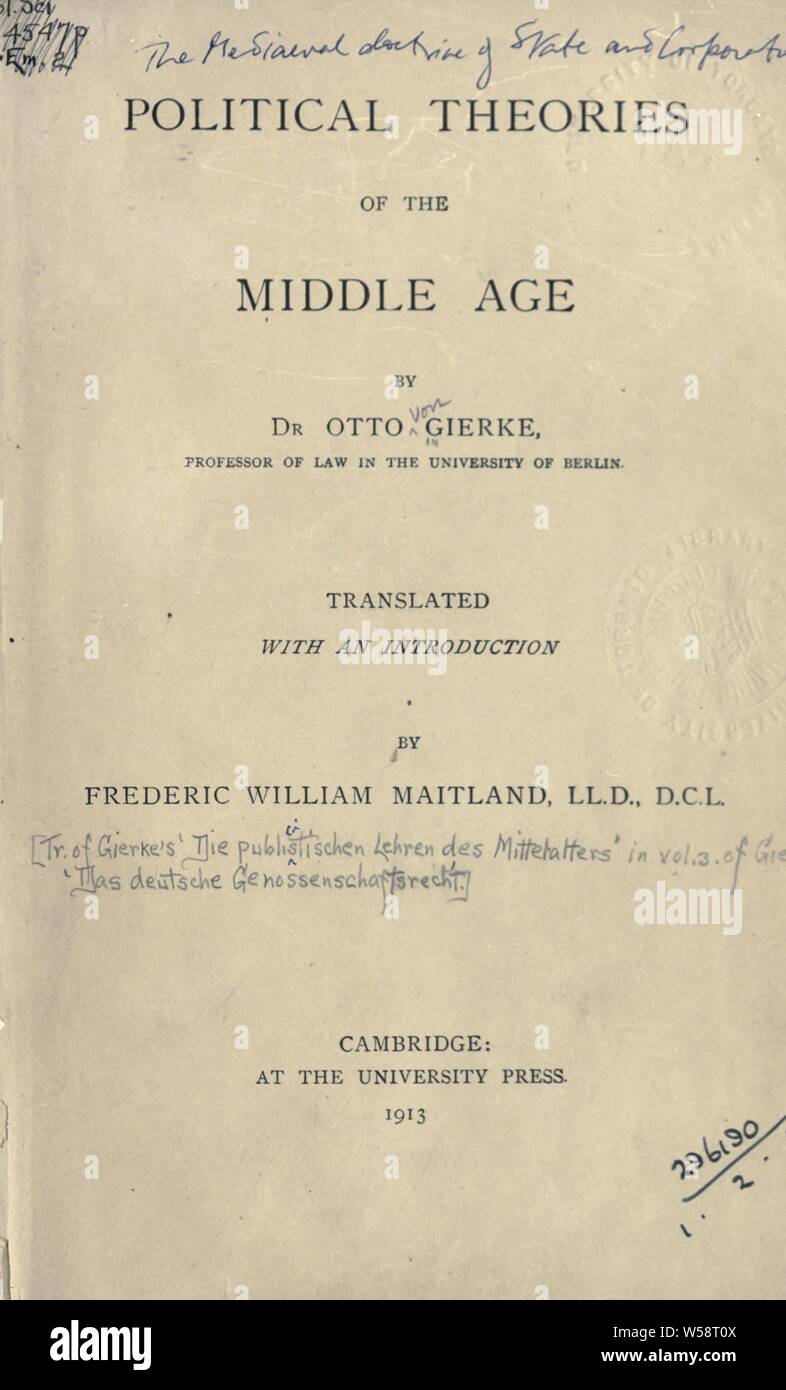 Les théories politiques du Moyen Âge : Gierke, Otto Friedrich von, 1841-1921 Banque D'Images