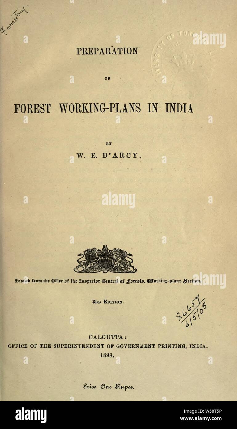 Préparation des plans de travail des forêts en Inde : D'Arcy, W.E Banque D'Images