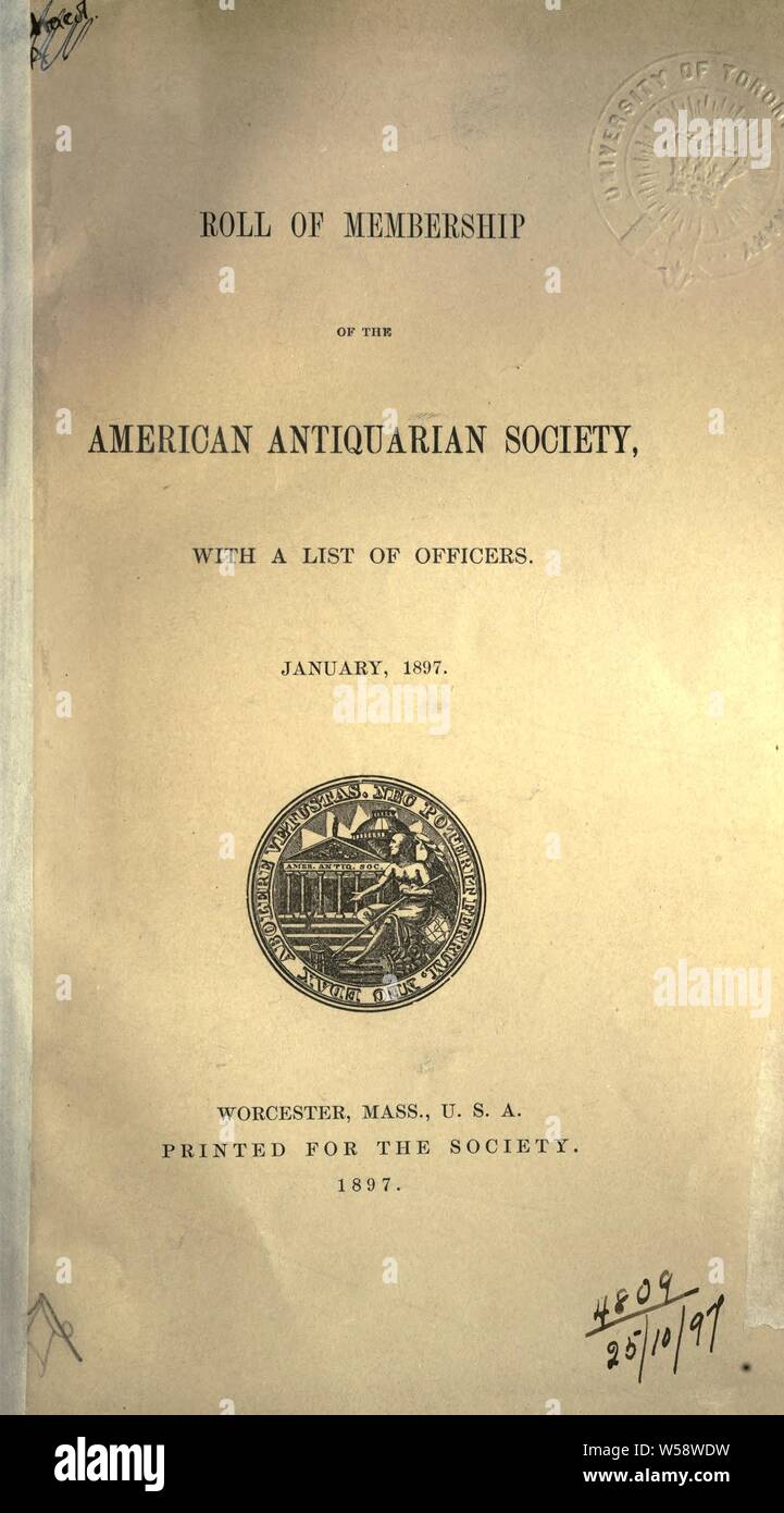 Rouleau de membres de l'American Antiquarian Society, avec une liste d'officiers, Janvier, 1897 : American Antiquarian Society Banque D'Images
