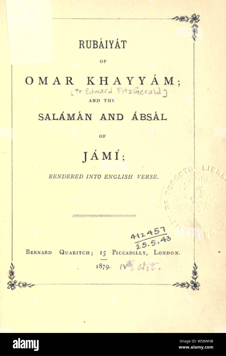 Rubaiyat d'Omar Khayyam, et la Salaman et Absal de Jami. Rendue en anglais vers par Edward Fitzgerald : Omar Khayyam Banque D'Images