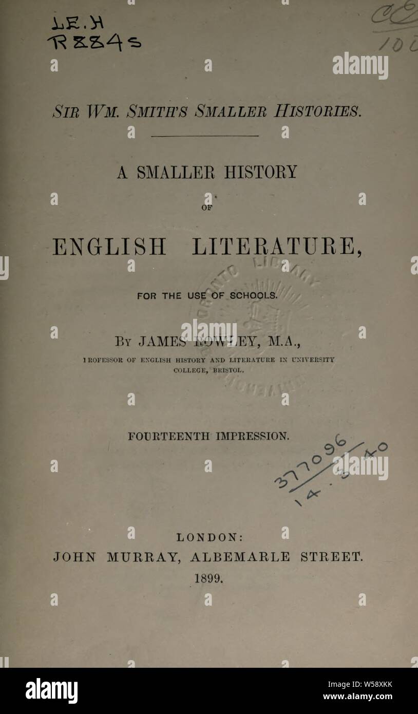 Une petite histoire de la littérature anglaise, pour l'utilisation d'écoles : Rowley, James Banque D'Images