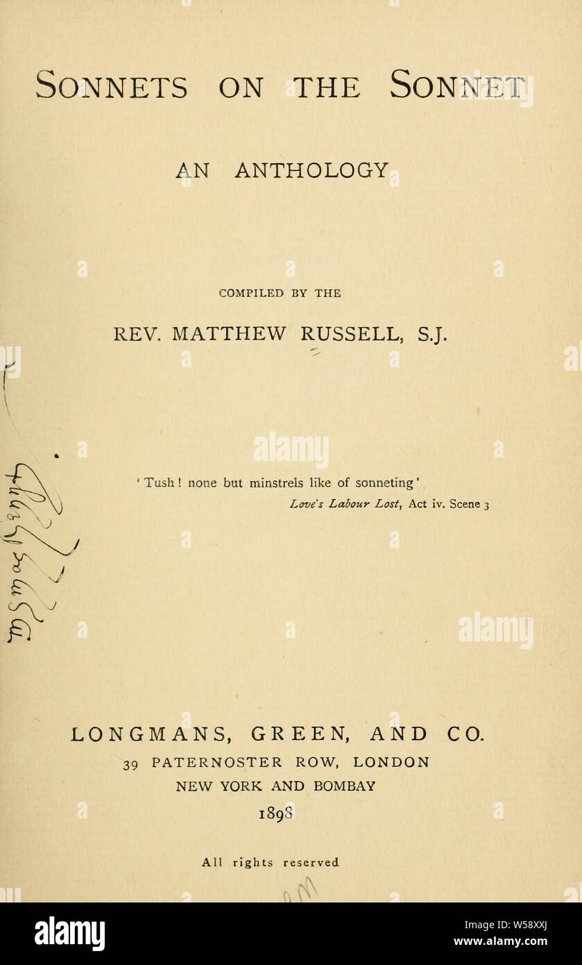 Sonnets sur le sonnet ; une anthologie : Russell, M. (Matthieu Photo Stock  - Alamy