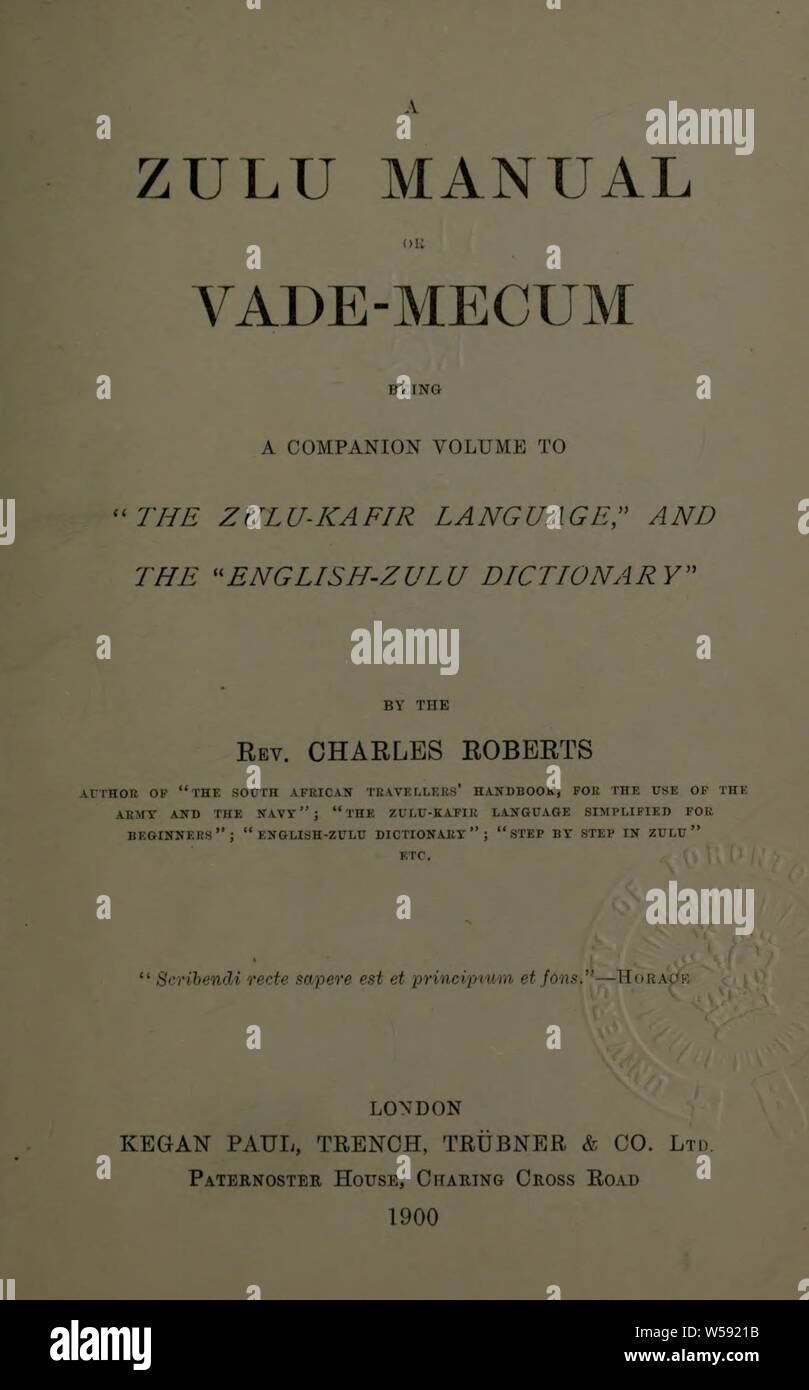 Un manuel de Zulu, ou vade-mecum, d'être un livre qui accompagne le Zulu-Kafir English-Zulu langue, et le dictionnaire, : Roberts, Charles, 1836-1901, ministre Wesleyan Banque D'Images