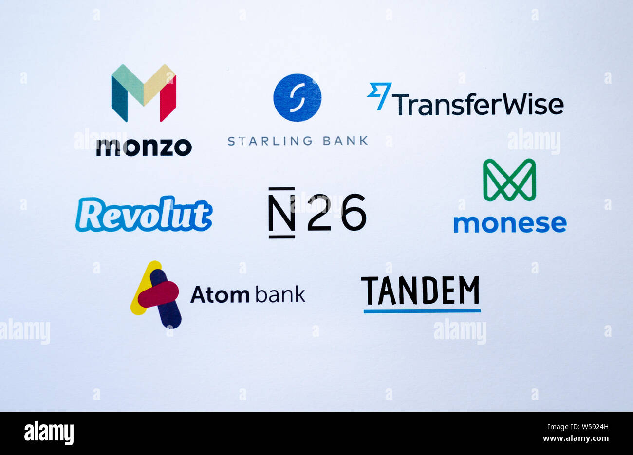 Logos des entreprises concurrentes que fintech représente les banques virtuelles : Monzo, Revolut Starling, Banque mondiale, Banque mondiale, Atom N26, Monese, Atom. Imprimé sur papier. Banque D'Images