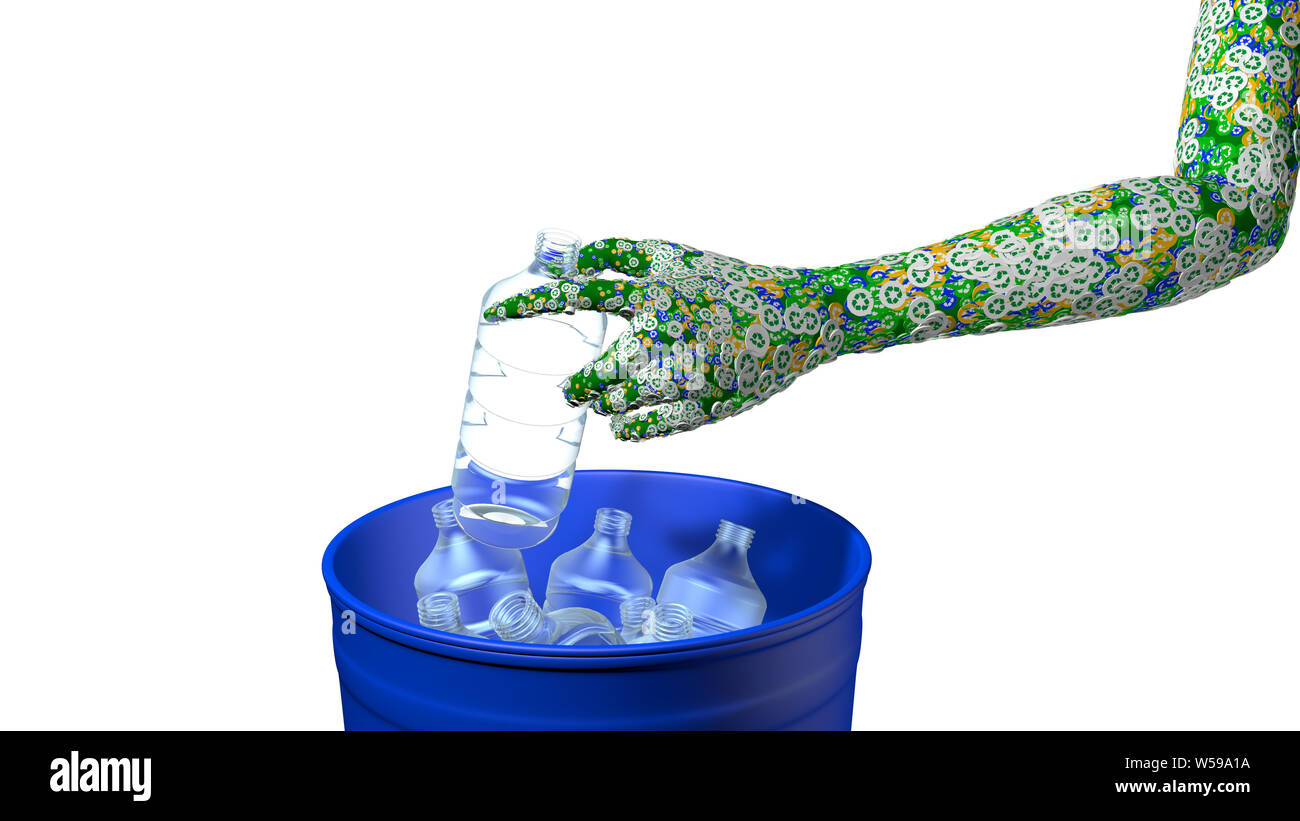 Close up on a green man's arm couverts par vert, bleu et jaune avec des cercles le symbole de recyclage en plaçant une bouteille en plastique bleu dans un dépotoir. Illus 3D Banque D'Images