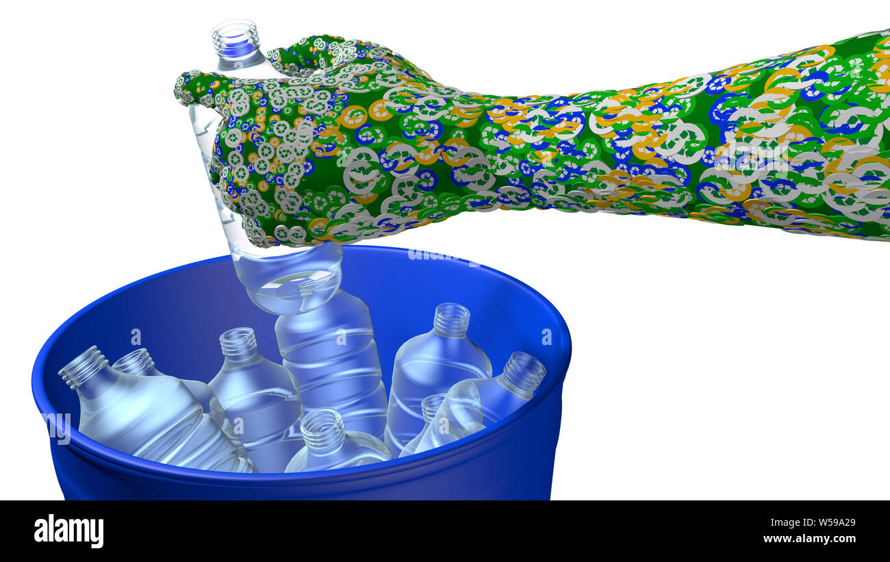 Close up on a green man's arm couverts par vert, bleu et jaune avec des cercles le symbole de recyclage en plaçant une bouteille en plastique bleu dans un dépotoir. Illus 3D Banque D'Images