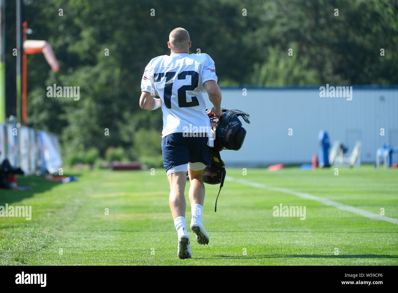 Foxborough, Massachusetts, USA. 26 juillet, 2019. New England Patriots wide receiver Gunner Olszewski (72) à la New England Patriots training camp qui a eu lieu sur le champs de pratique au stade Gillette, à Foxborough, Massachusetts. Eric Canha/CSM/Alamy Live News Banque D'Images