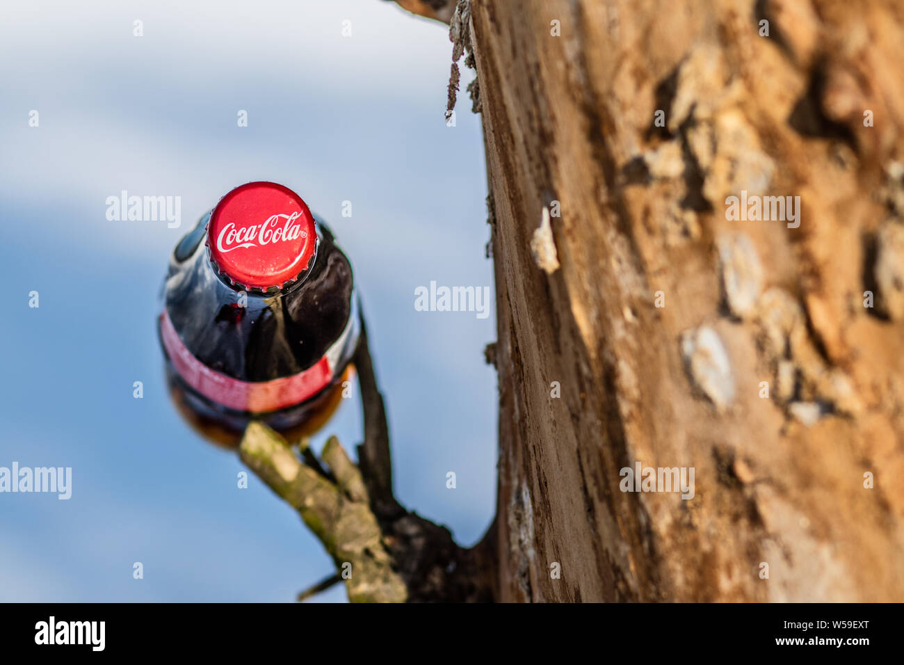 Bouteille de Coca Cola Classic, Coca-Cola Company est le leader du marché les plus populaires, de boissons gazeuses, d'hiver Banque D'Images