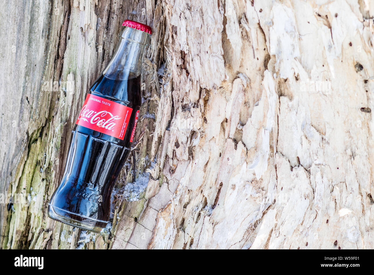 Bouteille de Coca Cola Classic, Coca-Cola Company est le leader du marché les plus populaires, de boissons gazeuses, d'hiver Banque D'Images