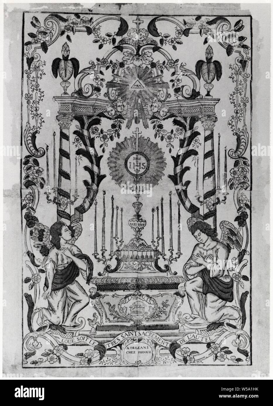 ART POPULAIRE ENGLISH .XVIII SIECLE.LOUÉ SOIT LE TRÈS SAINT SACREMENT DE L'AUTEL.GRAVURE SUR BOIS COLORIÉE AU POCHOIR SUR PAPIER VERGÉ.PIERRE-FIACR Banque D'Images