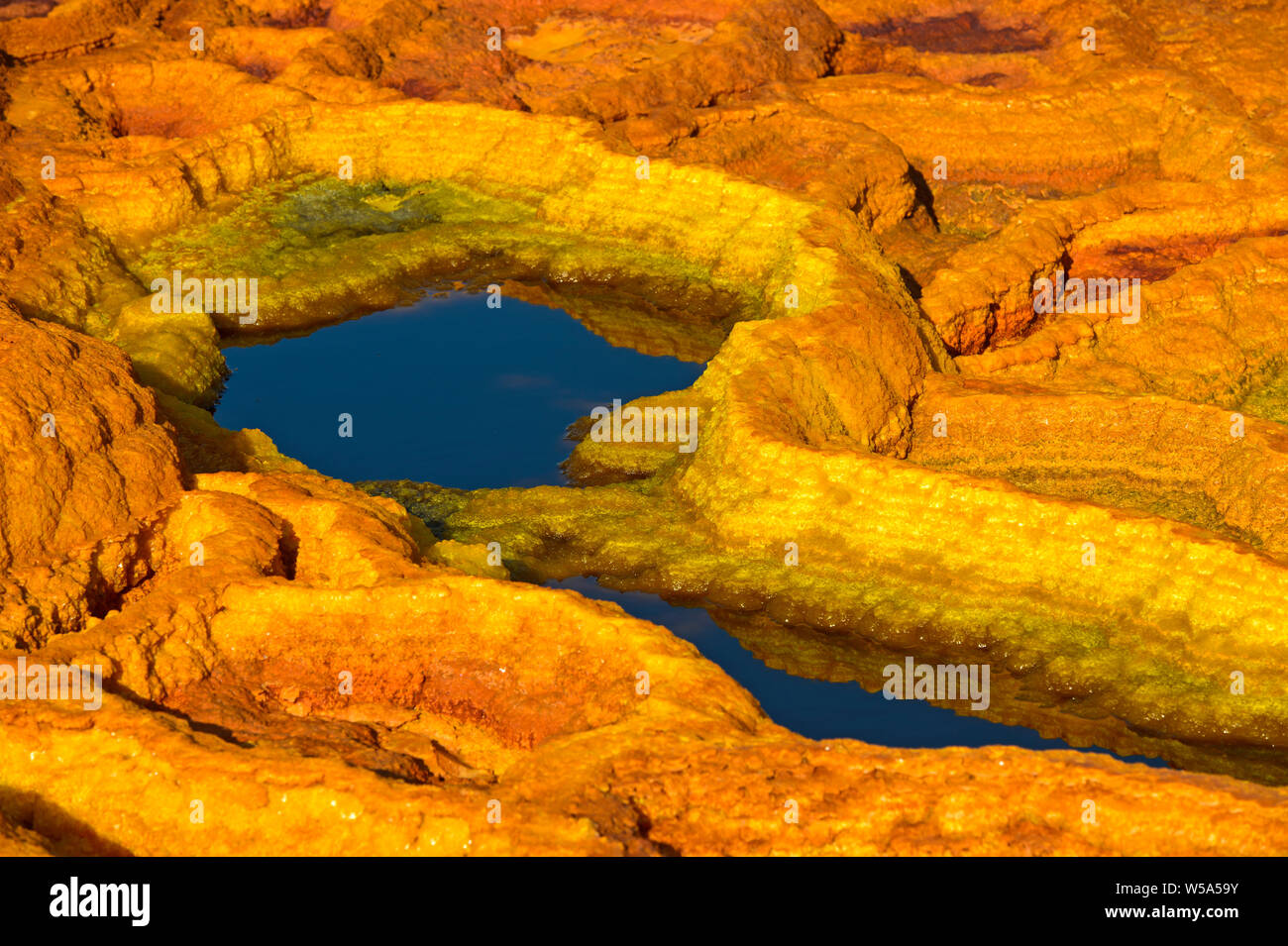 Structures de sel de couleur rouille dans une saumure acide le champ géothermique de piscine, de dépression Danakil, Dallol, Triangle Afar, Ethiopie Banque D'Images