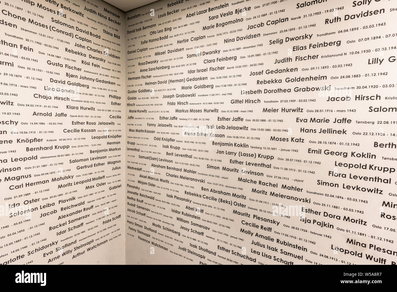 Holocauste, affichage des noms des victimes juives norvégiennes du génocide nazi au Centre d'études sur l'holocauste et les minorités religieuses, Bygdoy, Oslo Banque D'Images
