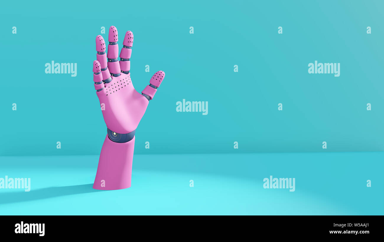 3D illustration, robot mannequin main partie du corps, rose bleu pastel. Design tendance Banque D'Images