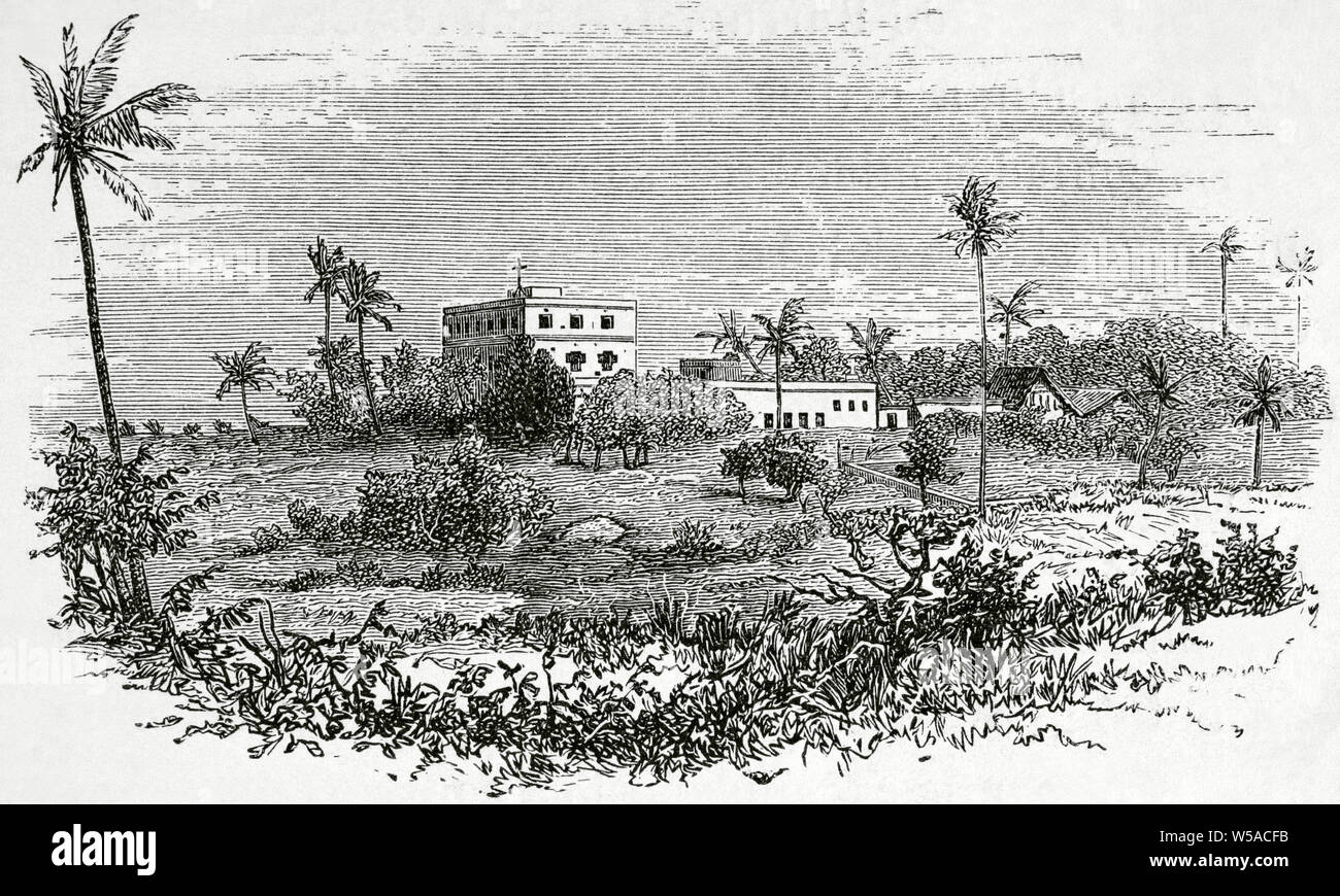 Côte Est de l'Afrique. La mission universitaire dans Mbuenni, Zanzibar. La gravure. L'Afrique, inexplorada el Continente Misterioso par Henry Morton Stanley, ch. 1887. Banque D'Images