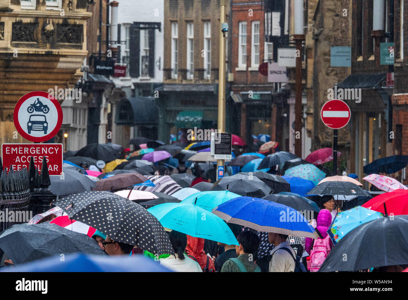 Les touristes à Cambridge Summer Rain - les rues de Cambridge UK sont thonged avec les touristes et les acheteurs de parapluies lors de fortes pluies après une longue période de sécheresse Banque D'Images