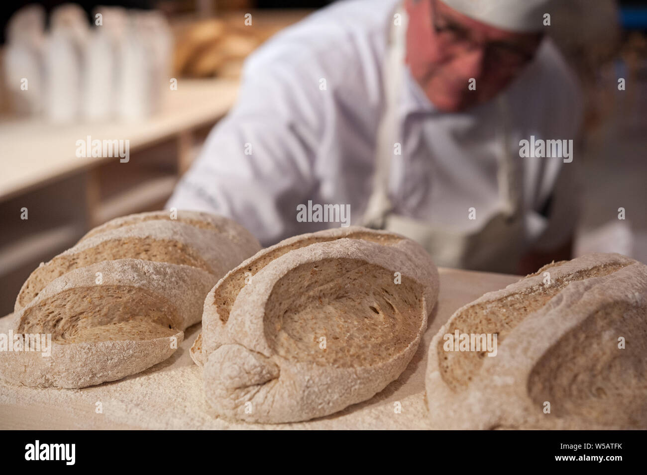 Boulanger Homme Divisant La Pâte à Pain Frais Avec Grattoir En Acier Dans  Une Boulangerie