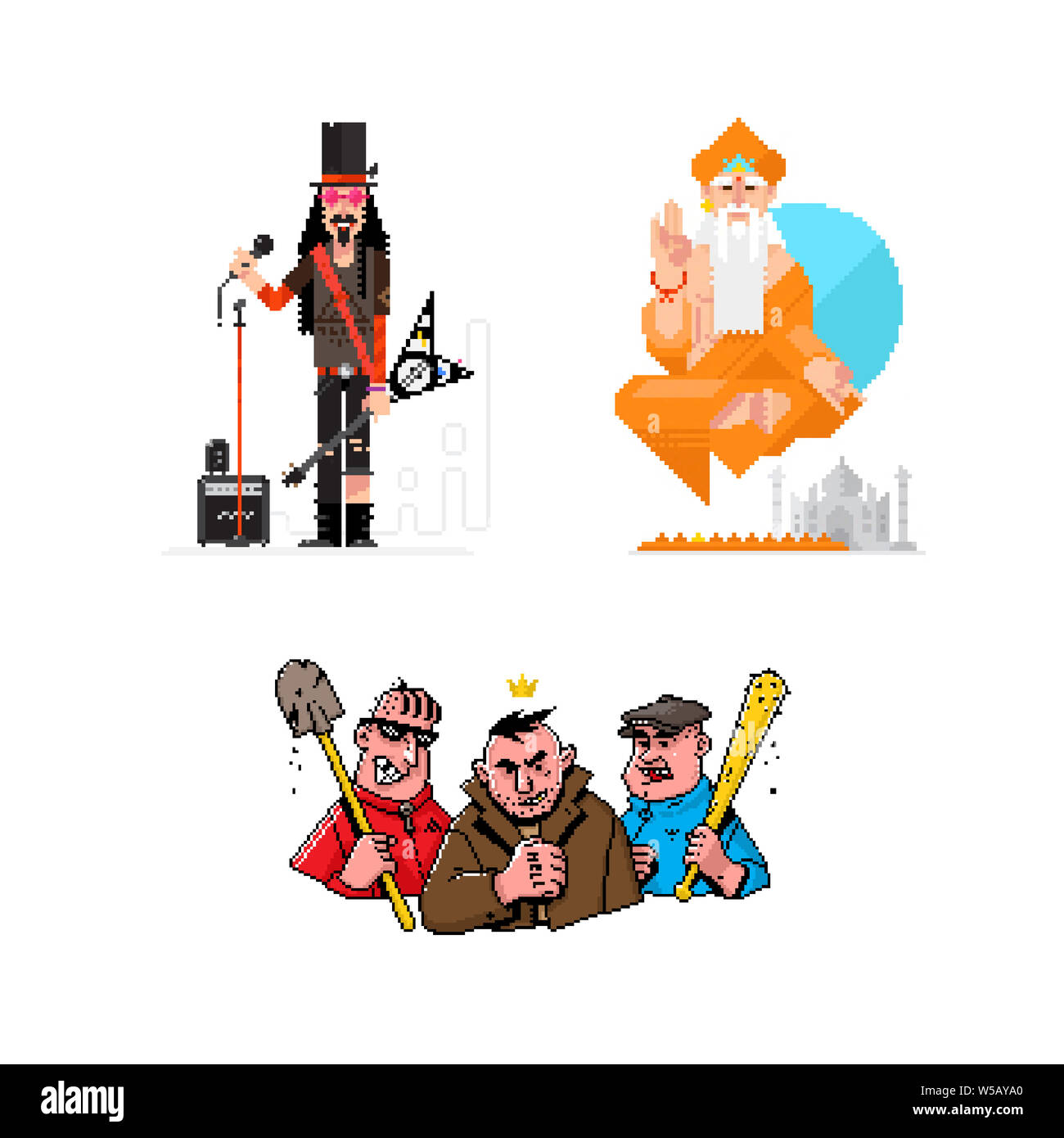 Des illustrations de personnages pixel musicien, yogi, gangsters. 8 peu de héros des jeux et des affiches. Des icônes pour vos sites et mises en page. Banque D'Images