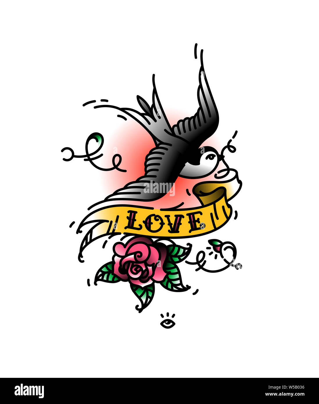 Hirondelles de tatouage avec l'inscription de l'amour et un bouton de rose à partir de ci-dessous. Vector illustration. Tatouage d'une vieille école. Swift avec ruban et d'oiseaux Banque D'Images
