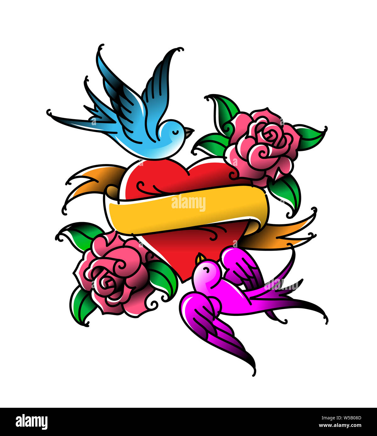 Illustration avec cœur et les oiseaux. Une image pour les amoureux. Félicitations pour le jour du mariage. Tatouage pour les parents. Les tatouages dans le style ancien. La conception d'un moc Banque D'Images