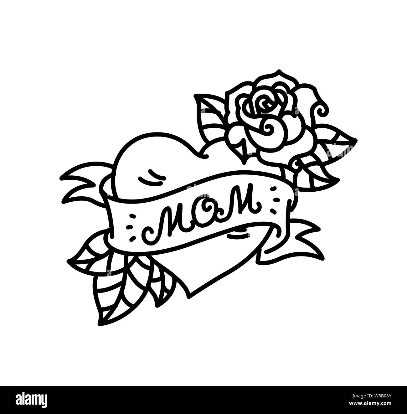 Un tatouage avec l'inscription de Maman. Un cœur et des fleurs tatouage avec une fleur. Tatouage dans le style de la vieille école américaine. Télévision Raster tattoo. L Banque D'Images