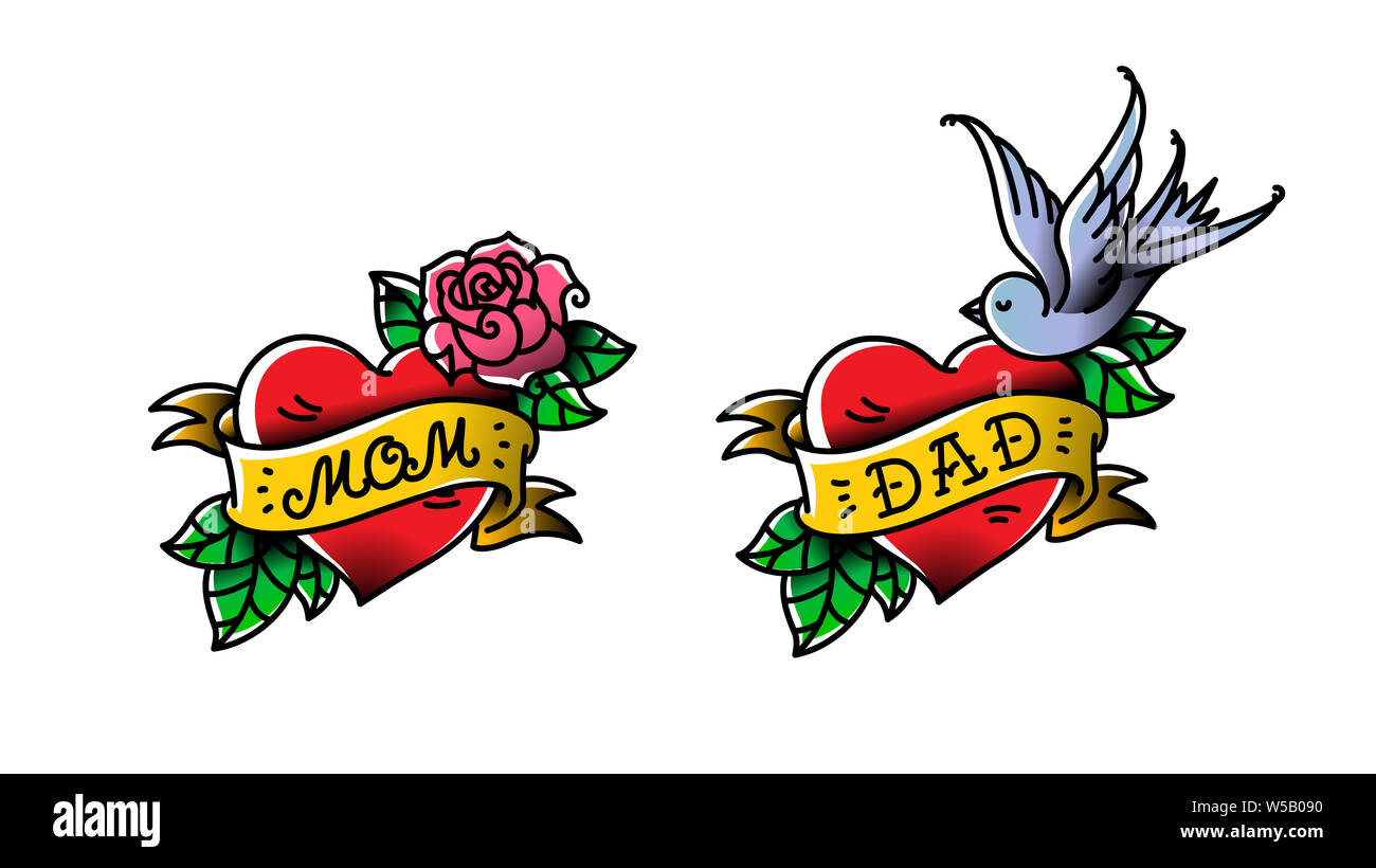 Les tatouages avec l'inscription de maman et papa. Deux coeurs avec une fleur et un oiseau. Télévision Raster tattoo. Félicitations pour les parents avec un anniversaire. Banque D'Images