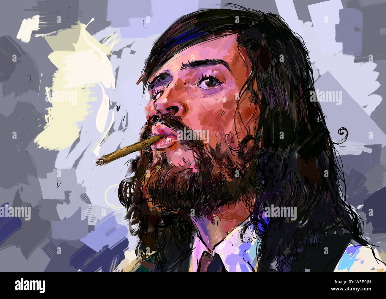 Portrait d'un jeune homme avec une cigarette. Image lumineuse pour l'intérieur de peintures et de papiers peints. Droit à la mode est tiré sur une tablette, prêt pour prin Banque D'Images
