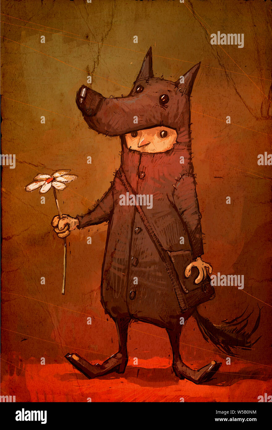 Illustration d'un personnage pour une maison de vacances. Image d'un garçon dans un costume de carnaval d'un loup en donnant une fleur. Illustration pour T-shirt et carte de vœux. Banque D'Images