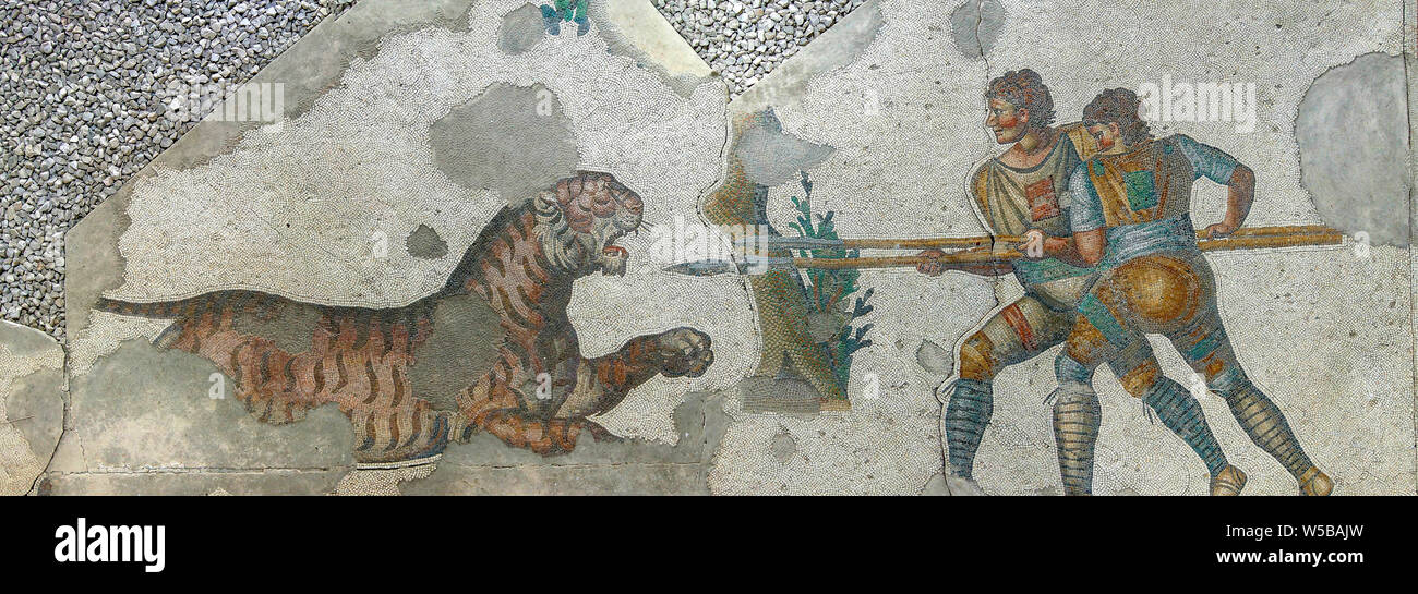 ISTANBUL, TURQUIE - 16 MAI 2014 - Tiger se défendre contre les chasseurs, scène mosaïque, Grand Palais Musée de la mosaïque, à Istanbul, Turquie Banque D'Images