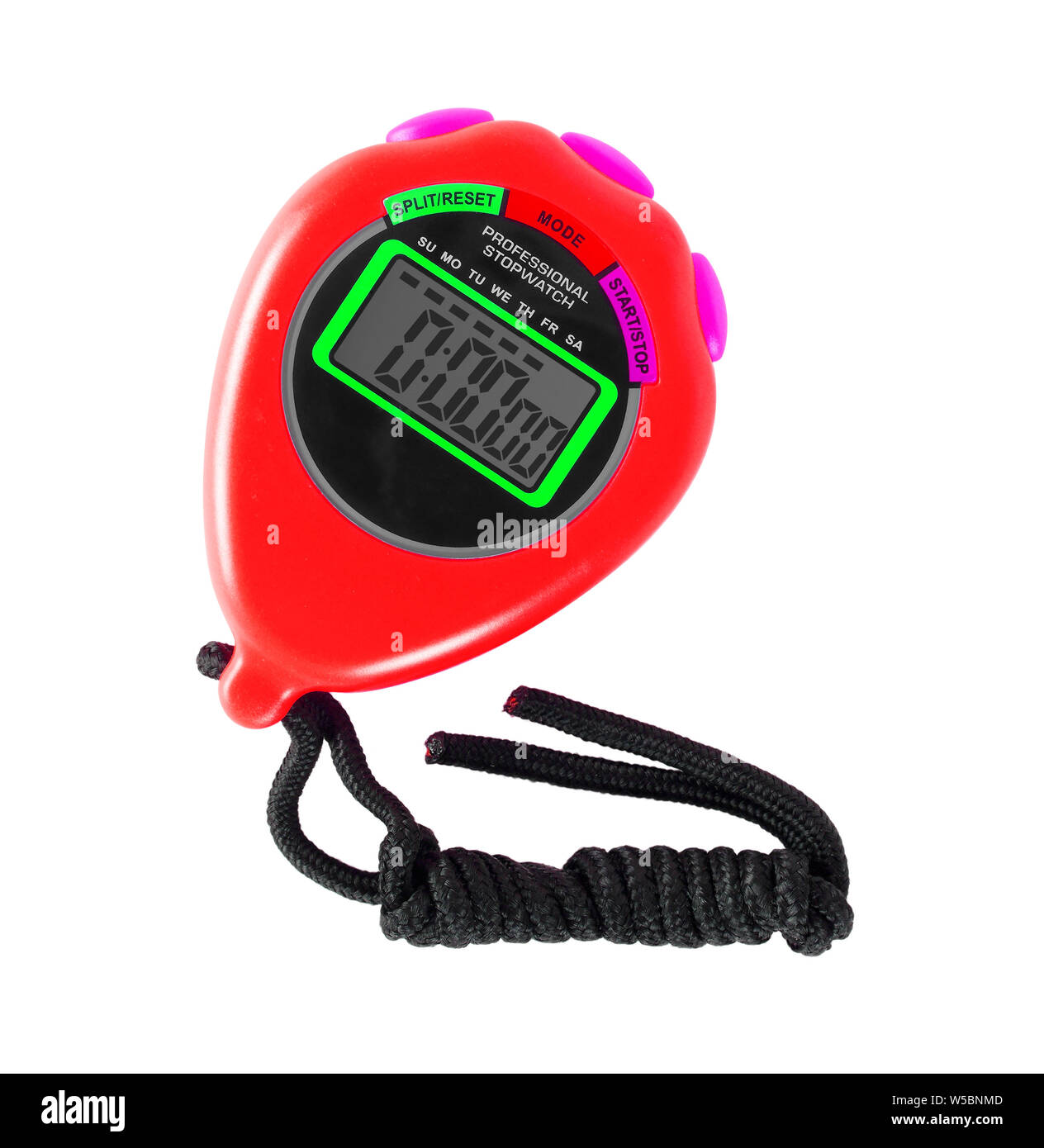 Équipement de sport - Chronomètre électronique numérique rouge sur un fond blanc. Isolé Banque D'Images