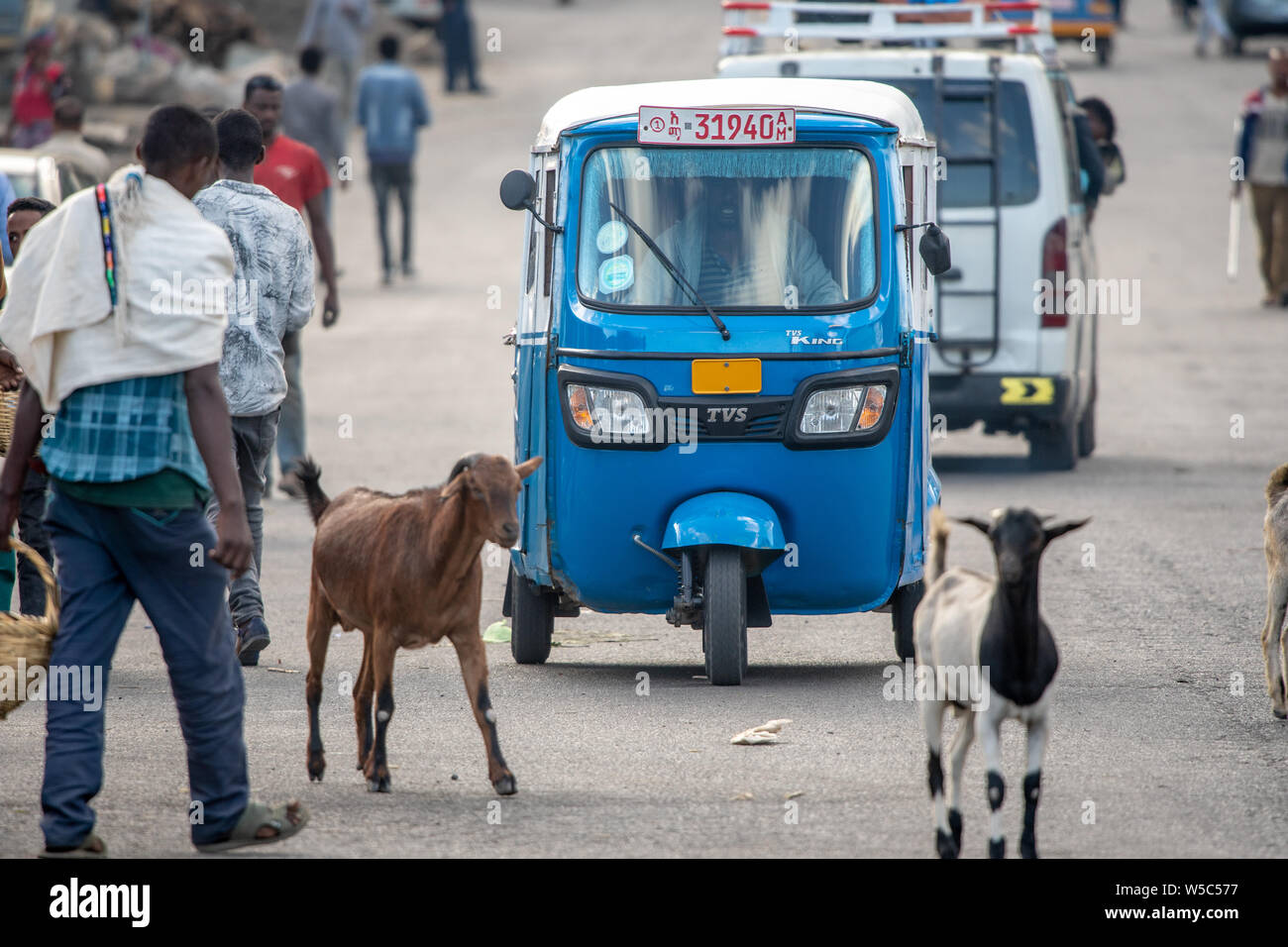 Un taxi passe par l'intermédiaire de groupes d'animaux et de personnes de la même façon sur les rues de Debre Berhan, Éthiopie. Banque D'Images