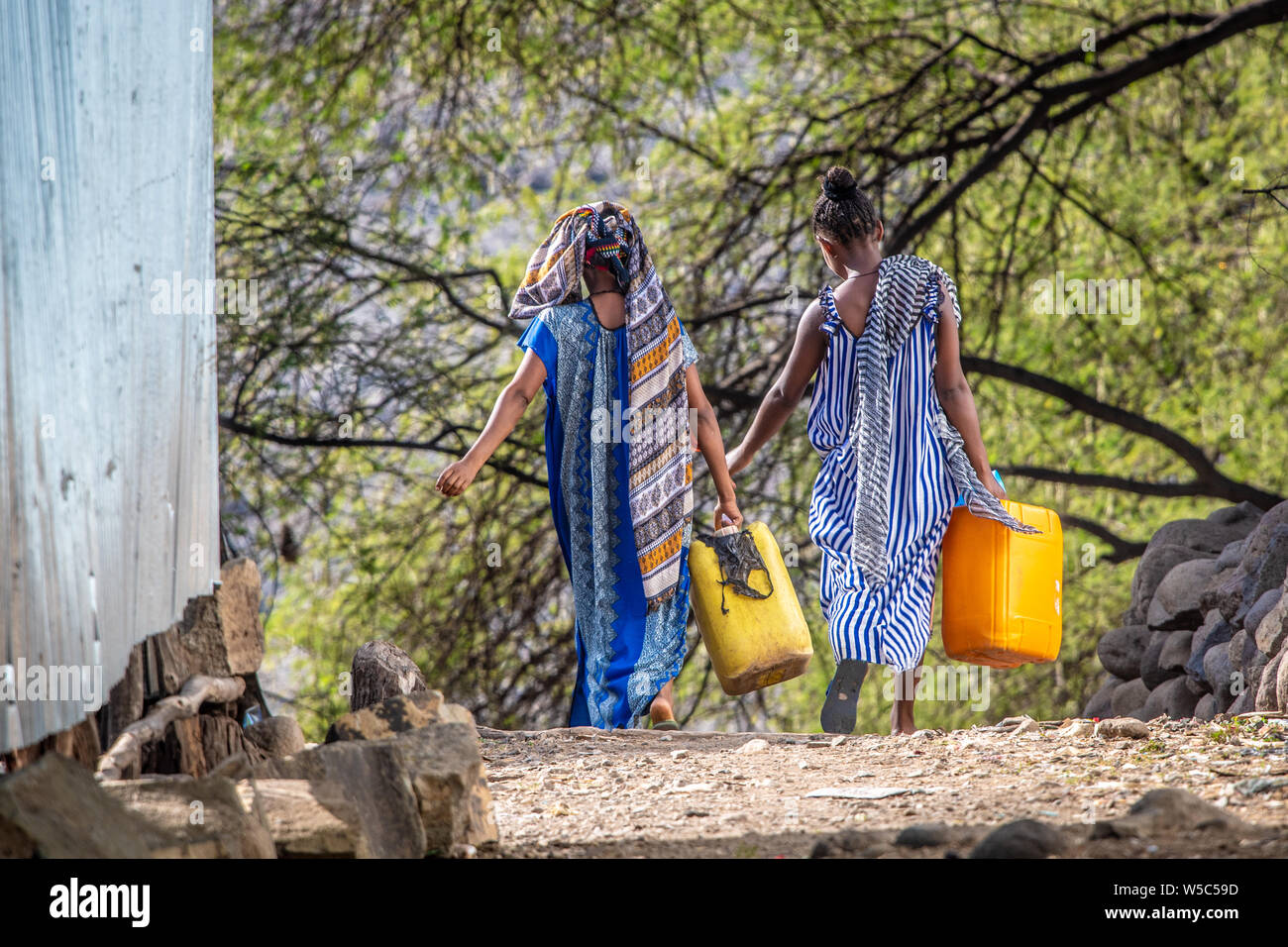 Une paire de femmes transportant des conteneurs vers le bas d'un chemin de terre, Debre Berhan, Ethiopie Banque D'Images