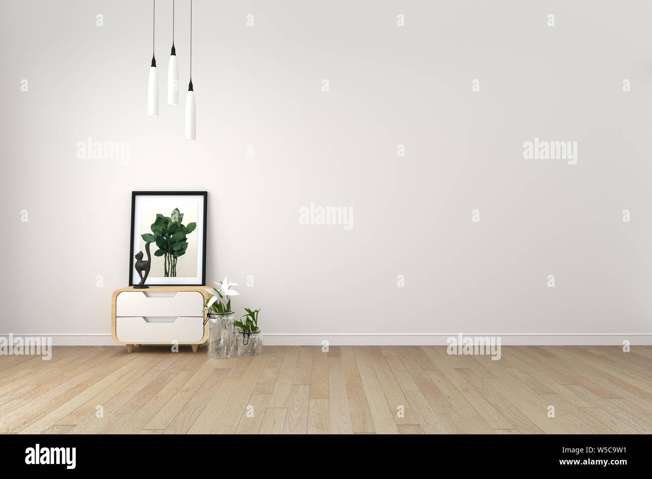Japonais - Salon intérieur sur mur blanc vide - minimaliste, 3D Rendering Banque D'Images
