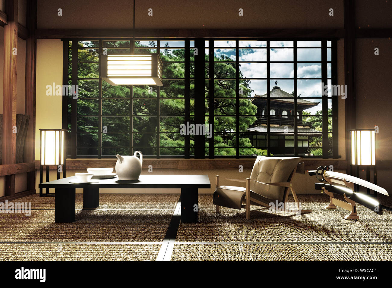 Design intérieur moderne,salon avec table,lampe,sol en tatami, de style japonais, 3D Rendering Banque D'Images