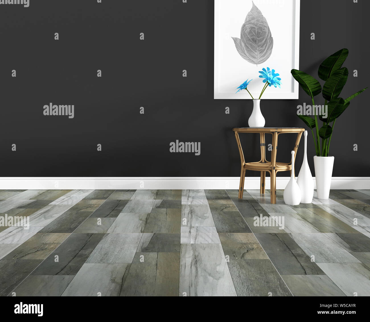 Carrelage mosaïque en bois foncé et sombre sur fond de mur prix style tropical. Le rendu 3D Banque D'Images