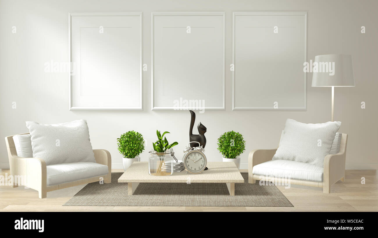 Zen moderne salon intérieur avec canapé et plantes vertes minimaliste japonais. Le rendu 3d. Banque D'Images
