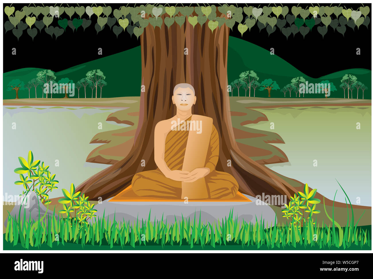 Un moine dans le bouddhisme la méditation sous l'arbre de conception vectorielle Banque D'Images