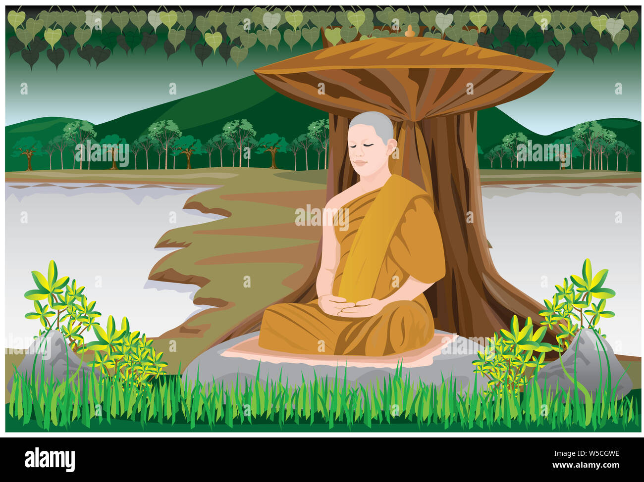 Un moine dans le bouddhisme la méditation sous l'arbre de conception vectorielle Banque D'Images
