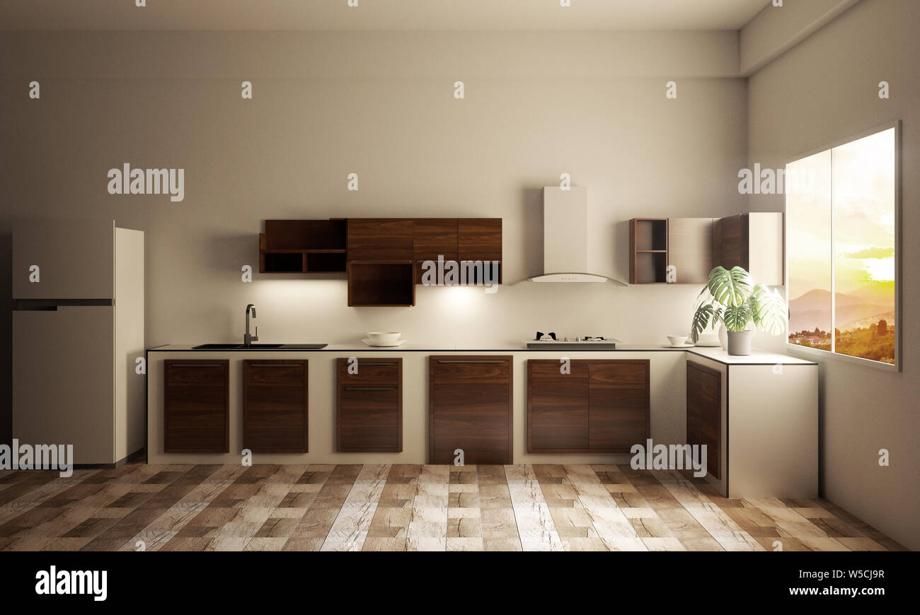 Chambre cuisine intérieur avec compteur de cuisine sur tuiles en bois. Le rendu 3D Banque D'Images