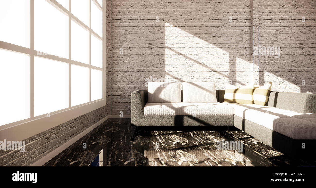 Maquette Smart TV avec écran vide noir accroché sur le décor du cabinet, salon moderne de style zen. Le rendu 3D Banque D'Images
