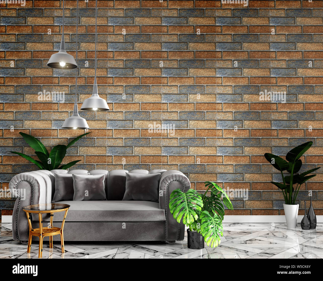 La maquette intérieure Loft tropical avec canapé et de la décoration et mur de brique sur un sol en granit .3D Rendering Banque D'Images