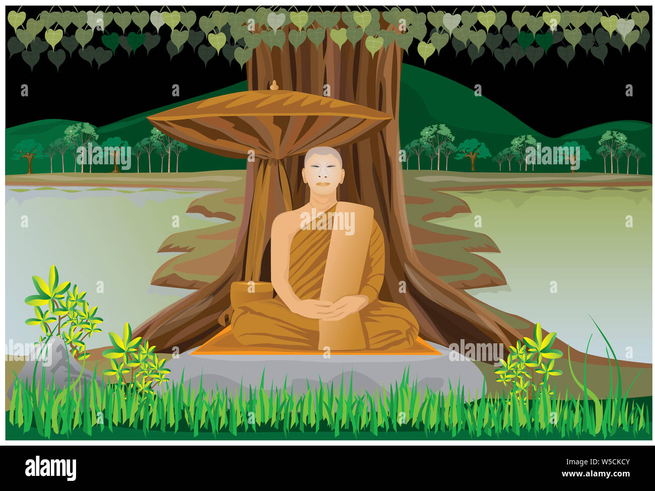 Un moine méditant sous l'arbre de conception vectorielle Banque D'Images