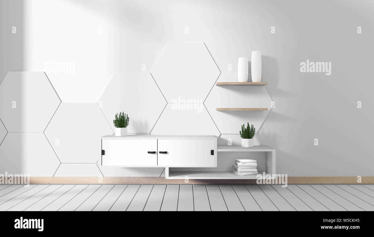 Meuble de télé dans la chambre hexagone blanc tile designs minimal, style  zen. Le rendu 3D Photo Stock - Alamy