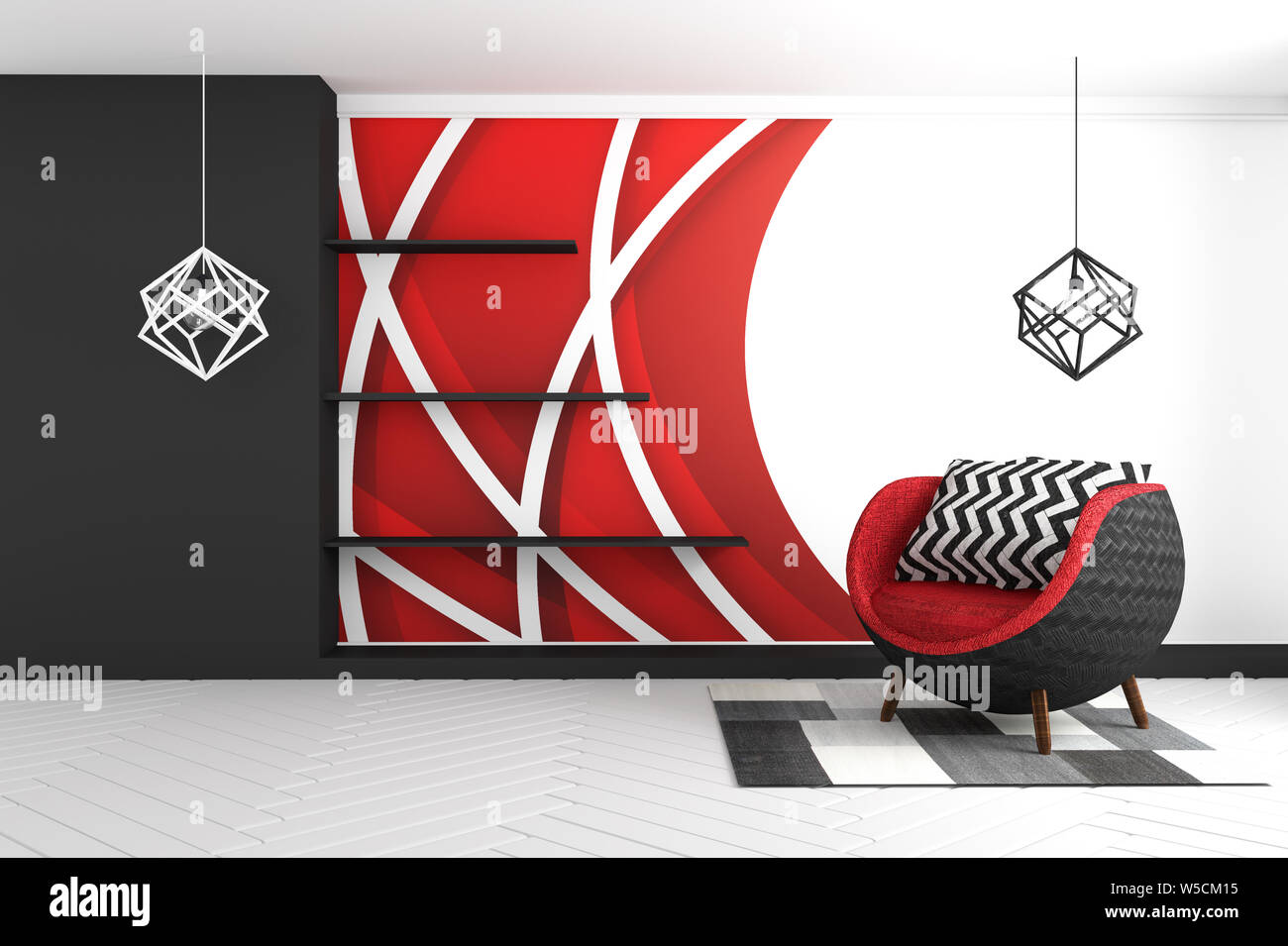 Graphique rouge wall background, avec fauteuil rouge et de tapis et lampes de style moderne . Le rendu 3D Banque D'Images