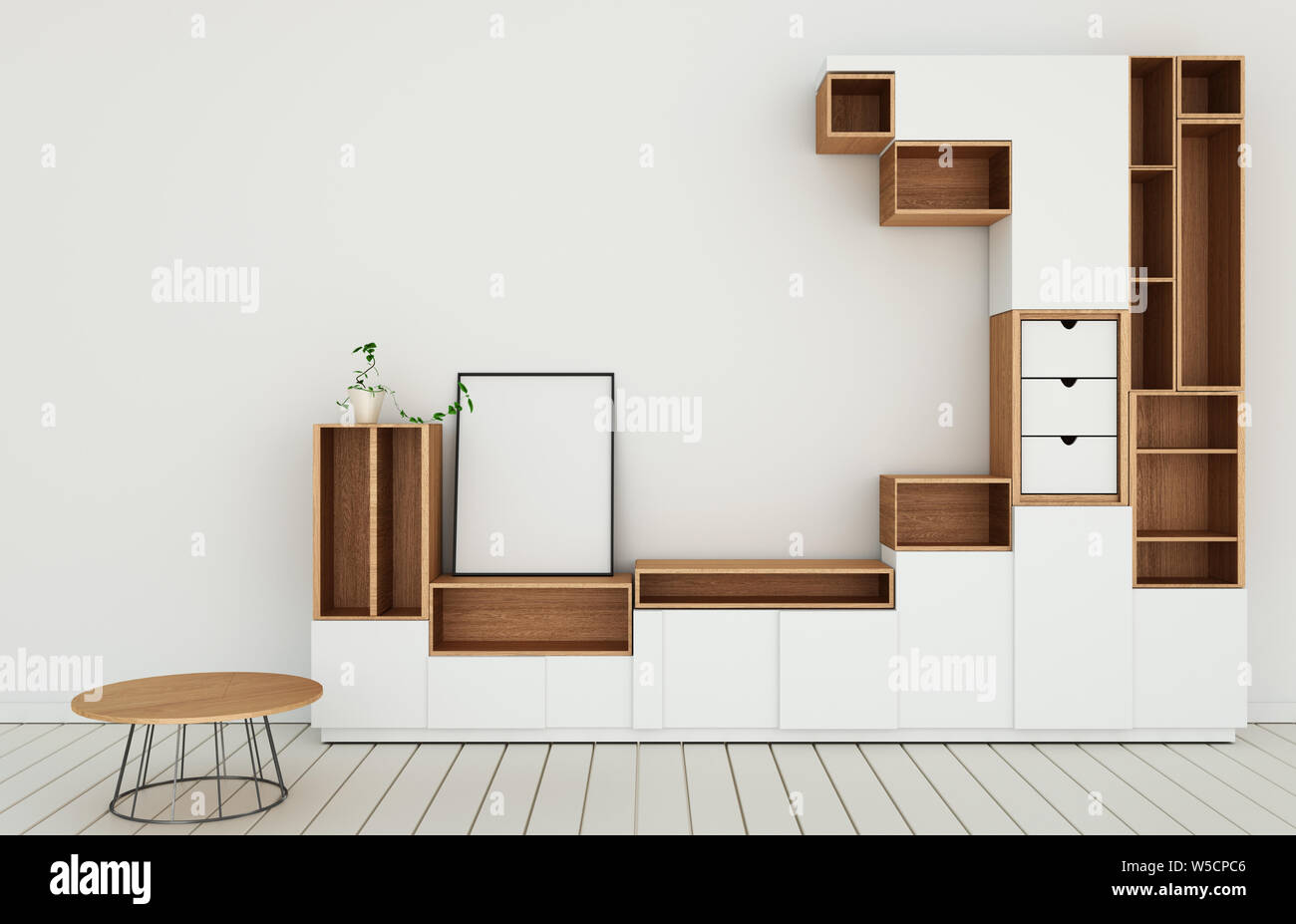 Design moderne dans la maquette du cabinet salle vide,plancher blanc sur mur blanc en bois de style japonais chambre.3d rendering Banque D'Images