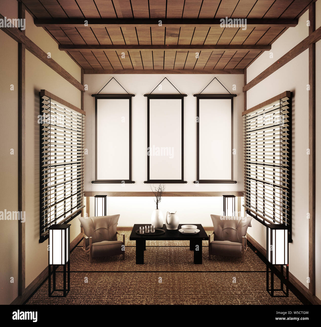 Design intérieur moderne,salon avec tatami japonais traditionnel et sur les  meilleures porte fenêtre. Le rendu 3D Photo Stock - Alamy