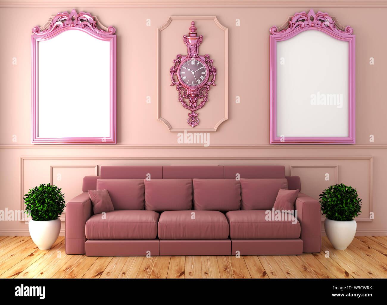 Chambre de luxe vide intérieur avec canapé rose rose dans la chambre mur sur plancher en bois. Le rendu 3D Banque D'Images