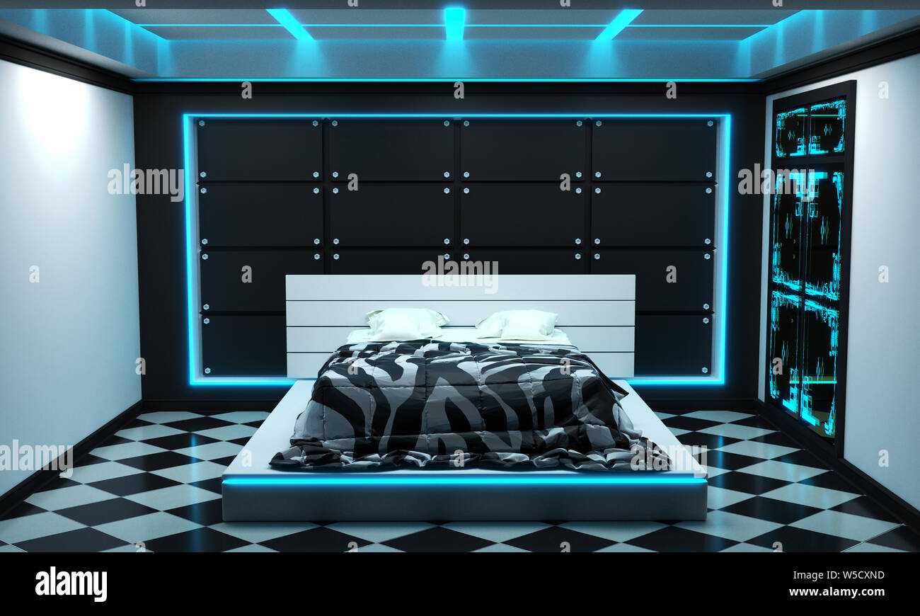 Sci-fi concept bed room interior style moderne. Le rendu 3D Banque D'Images